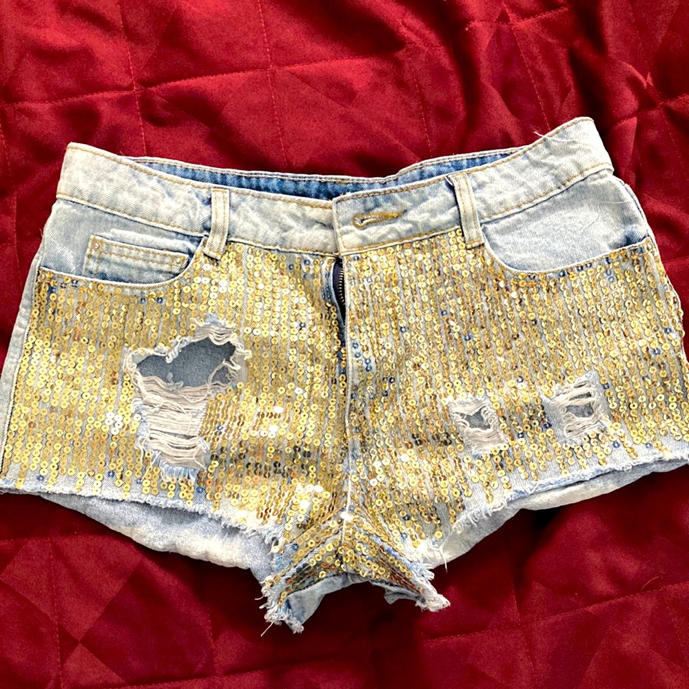 Super cute super shiny little denim shorts